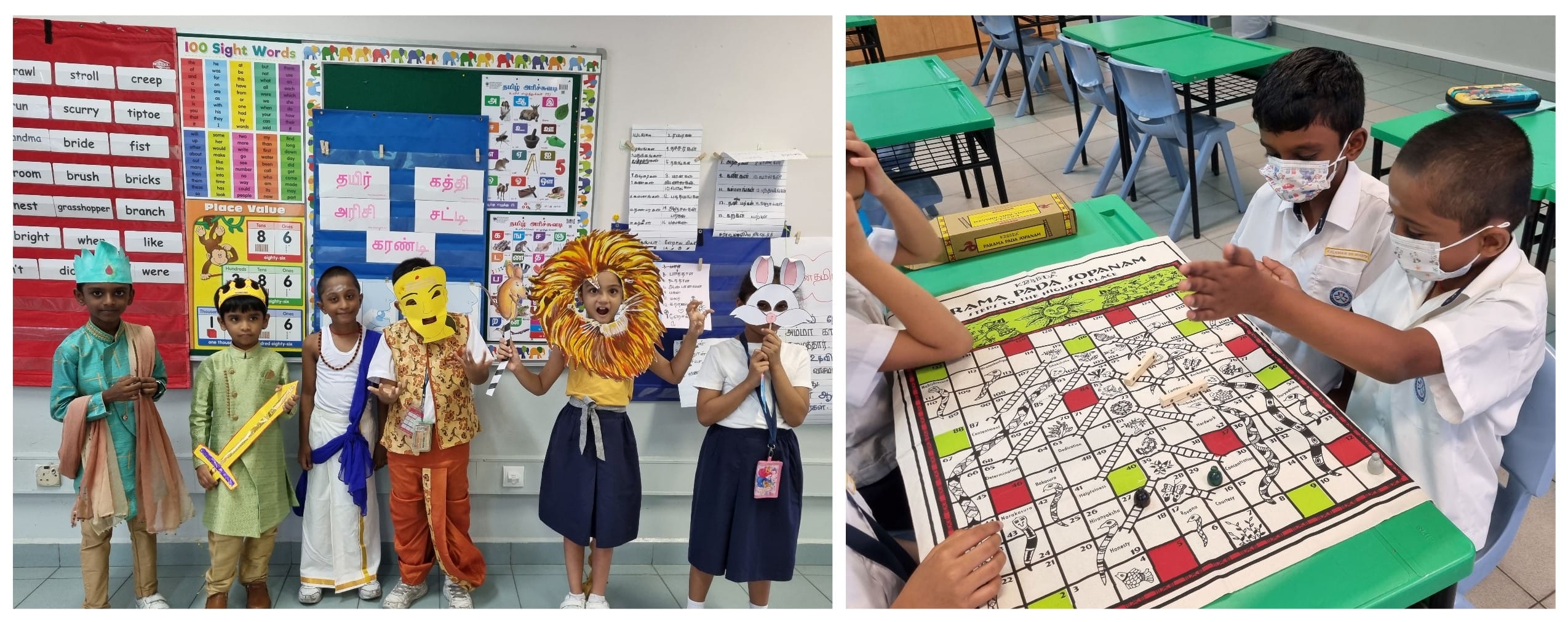 Children in costumes pose in a classroom; masked students play a snakes and ladders board game at a green desk.